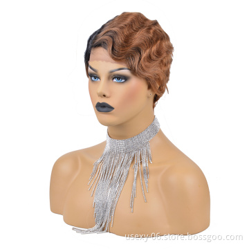 Short Ocean Wave None Lace Human Hair Wigs 100% Virgin Brazilian Hair Finger Wave Wigs Machine Made Wig